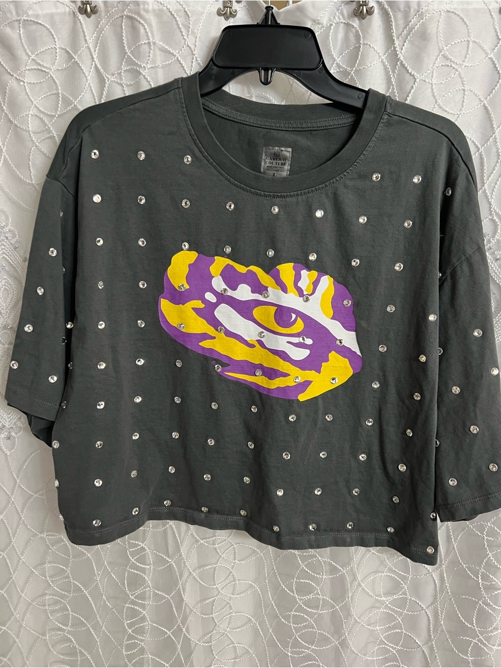 Embellished Dark Gray Crop Tee with Purple & Yellow Graphic